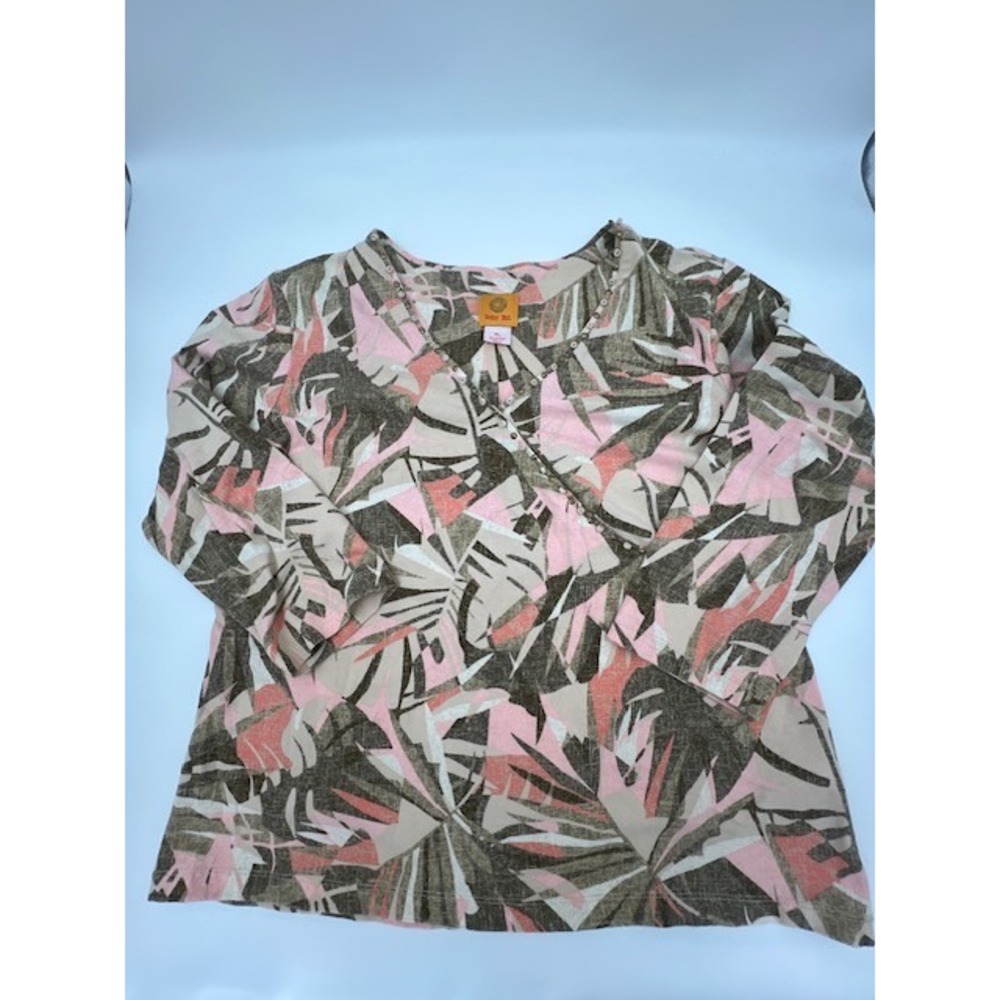 Ruby Rd Tropical Palm Leaf Top Women XL Pink Olive Excellent Embellished V-Neck